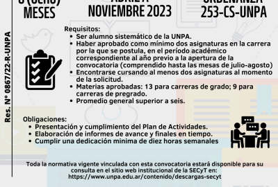 Los requisitos para postularse a la Convocatoria se encuentran en la reciente Ordenanza 253-CS-UNPA. El beneficio se extenderá por el plazo de ocho (8) meses, de abril a noviembre, con posibilidad de renovarse por un período más, comprometiéndose a la presentación y cumplimiento del Plan de Actividades, y la elaboración de los informes de avance y finales en tiempo y forma.