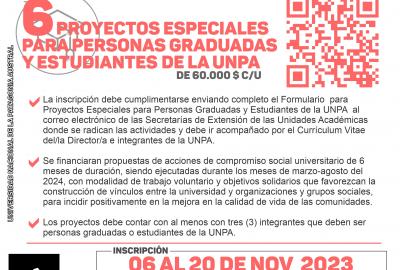 Flyer convocatoria 6 Proyectos Especiales graduados/estudiantes UNPA
