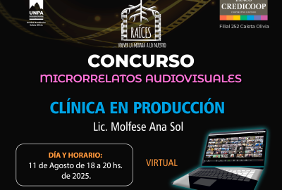 Descripción de imagen:  La imagen es un flyer de fondo negro con elementos gráficos y texto en colores contrastantes (blanco, fucsia, celeste y naranja). En la parte superior central hay un logo con forma de árbol blanco cuyas raíces se entrelazan con una cinta de película cinematográfica. Debajo del logo se lee el lema: "RAÍCES - Volver la mirada a lo nuestro".  En el centro, en letras grandes, aparece el título del evento: CONCURSO MICRORRELATOS AUDIOVISUALES (en blanco y fucsia). Deb